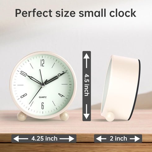 Analog Alarm Clock, 4 inch Super Silent Non-Ticking Clock with Night Light, Battery Operated, Cream Decor for Bedroom