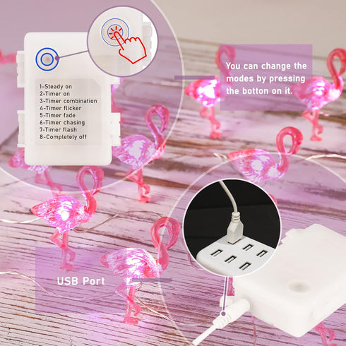 Pink Flamingo String Lights - 10ft Battery Operated Fairy Lights with Remote, 30 LEDs for Summer Tropic Themed Home