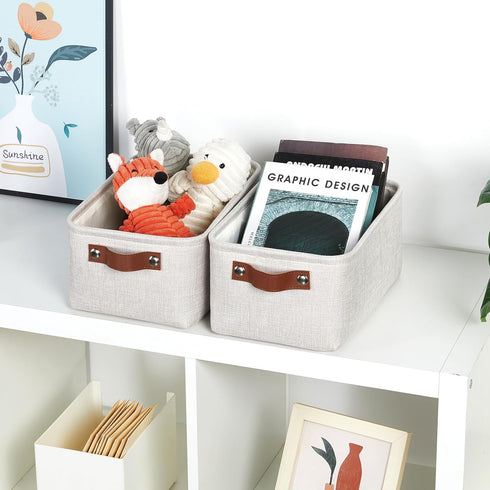 DULLEMELO Fabric Storage Baskets Set of 2 - 11.8x7.9x5.1 inch Small Organizing Baskets with PU Handles (Beige)
