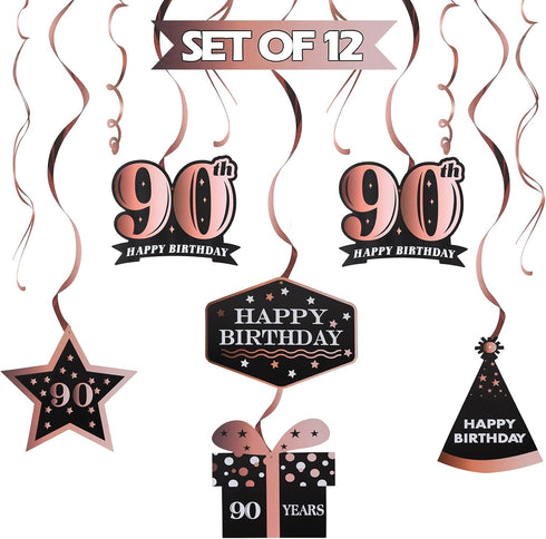 LINGTEER Happy 90th Birthday Decorations, 12 Pcs Black & Rose Gold Foil Swirls Streamer Set for Bday Party Gift