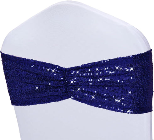 Poise3EHome Sequin Chair Sashes - Navy Blue Folding Chair Covers Bow for Wedding Party Reception Decorations, 10 PCS