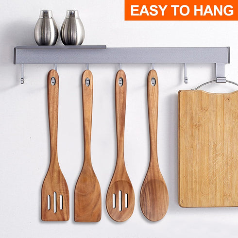 4-Piece 14" Large Wooden Utensils Set for Cooking, Non-Stick Slotted Spoon, Spatula, Mixing Spoons