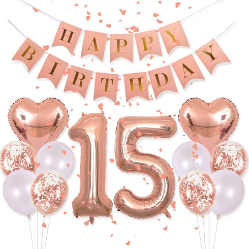 40 Inch 15 Balloons Number Birthday Decorations, 15th Birthday Supplies for Girls with Rose Gold Banner Confetti