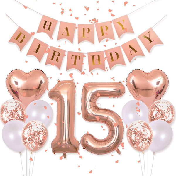 40 Inch 15 Balloons Number Birthday Decorations, 15th Birthday Supplies for Girls with Rose Gold Banner Confetti