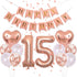 40 Inch 15 Balloons Number Birthday Decorations, 15th Birthday Supplies for Girls with Rose Gold Banner Confetti