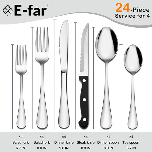 E-far 24-Piece Silverware Set with Steak Knives, Stainless Steel Flatware Cutlery Set Eating Utensils for 4, Spoons Forks Knives for Home Kitchen, Simple Design & Mirror Finish, Dishwasher Safe by E-far