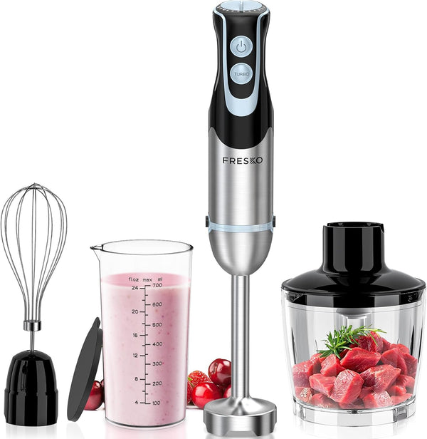 FRESKO Immersion Blender, 4-in-1 Stainless Steel Hand Stick Blender with 12-Speeds & Turbo Mode for Smoothies & Soup