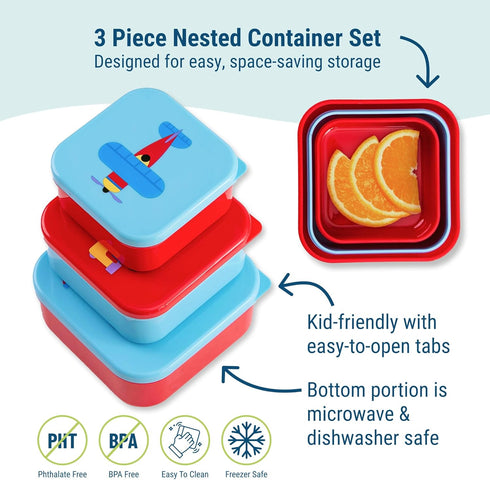 Set 3 Wildkin Nesting Food Containers for Kids Stackable, Airtight & Dishwasher Safe - of - Trains, Planes & Trucks