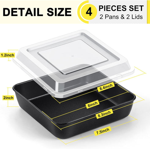 P&P CHEF Square Baking Pan with Lid Set, 8 Inch Non-Stick Square Cake Pans for Oven Cooking Brownie Lasagna, Stainless Steel Core & Easy Release, Black, 4 Pieces (2 Pans + 2 Covers) by P&P CHEF