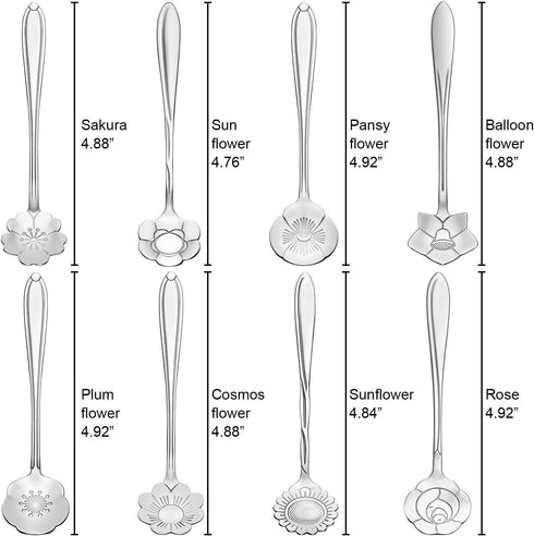 Chengu 8 Pieces Flower Coffee Tea Spoons Set, Stainless Steel Sugar Spoons, 8 Different Patterns for Tea Party (Silver)