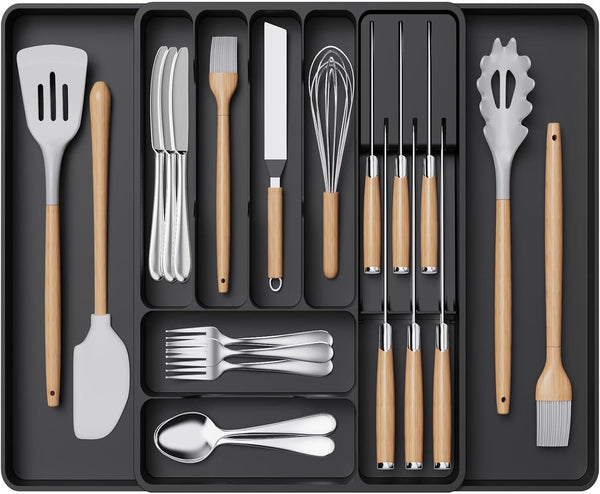 Lifewit Silverware Organizer for Kitchen Drawers, Expandable Utensil Tray with Removable Knife Block