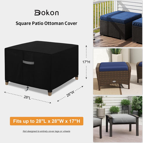 Dokon (28"L 28"W 17"H) Patio Ottoman Covers Waterproof Outdoor Side Table Cover with Air Vents, Windproof Anti-UV Heavy