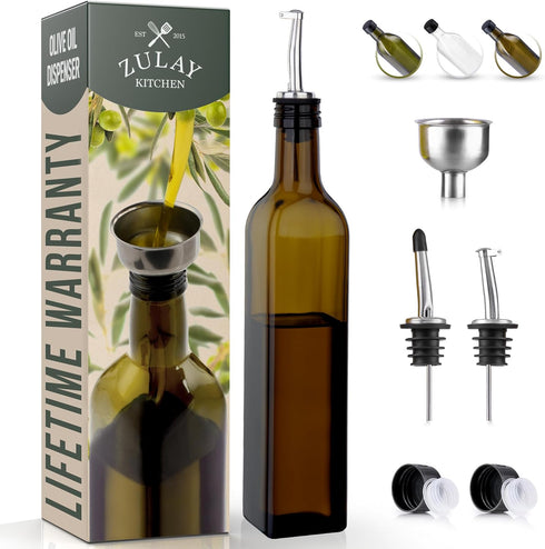 Zulay Kitchen 17oz Olive Oil Dispenser Bottle - Dark Brown Glass Container with Spout, Funnel & Pourer