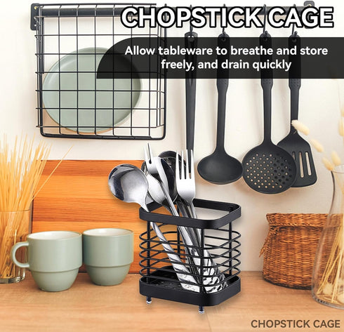 Stainless Steel Utensil Drying Rack, Silverware Draining Basket, Kitchen Dish Drying Rack (S-Black)