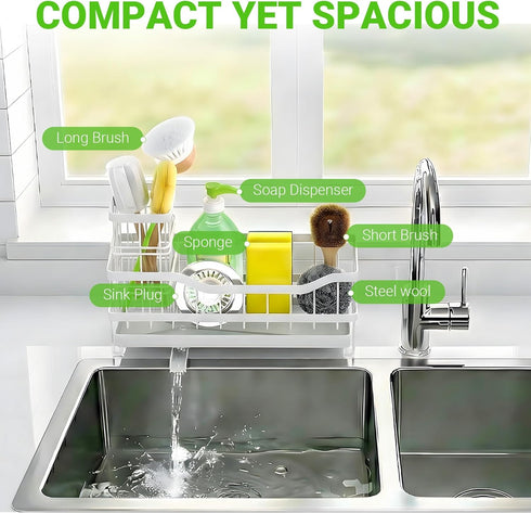 Countertop Sponge Holder for Kitchen Sink, Rustproof Sink Caddy Organizer with Dish Brush Holder, Self-Draining Kitchen