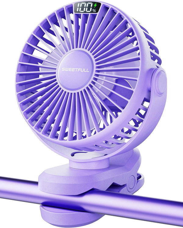 SWEETFULL Portable Clip on Fan, Battery Operated 4000mAh Rechargeable Fan with LED Display, 4 Speeds for Travel Camping