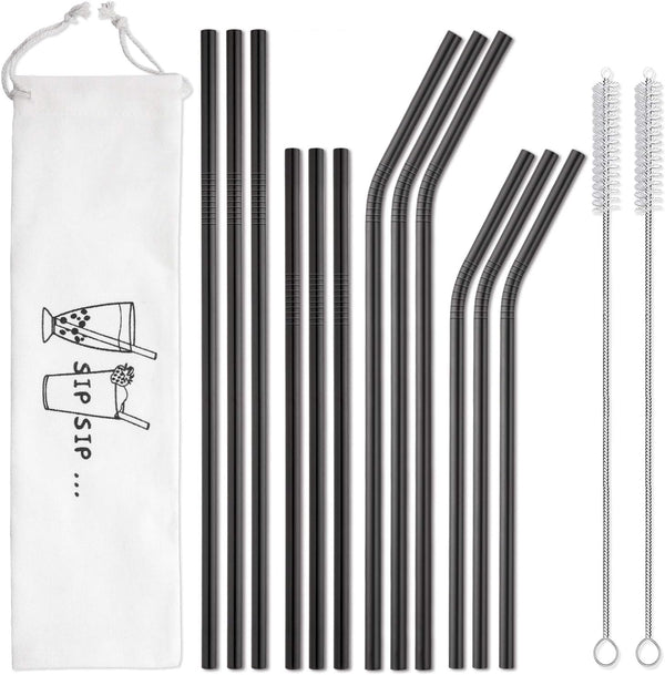 Hiware 12-Pack Black Stainless Steel Straws, Reusable with Case - Metal Drinking Straws for 30oz and 20oz Tumblers,