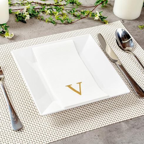15.8 7.9 Inch 50 Luxenap X Linen-Feel Guest Towels, Lettered Hand Towels - Gold Letter 'V', Sans Serif Font, White