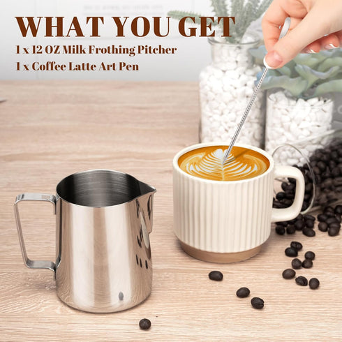 12oz Milk Frothing Pitcher - 304 Stainless Steel Milk Frother Cup with Clear Scale for Barista Accessories