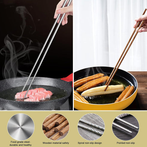 4 Pcs Long Cooking Chopsticks, Reusable Stainless Steel and Natural Wooden Extra Long for Hot Pot Cooking