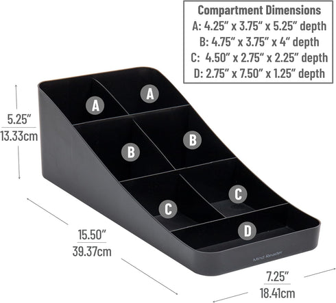 Mind Reader Cup and Condiment Station, Countertop Organizer for Coffee Bar, 7.25"L x 15.5"W x 5.25"H (Black)