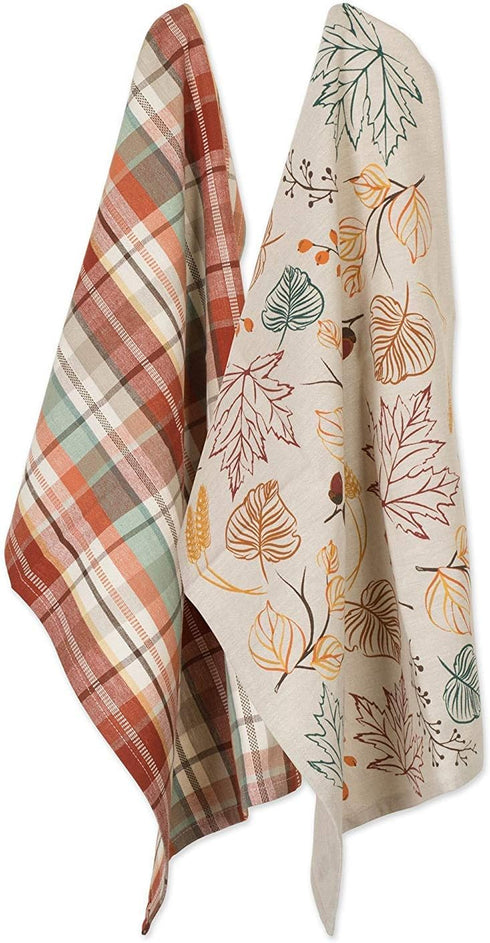 DII Fall Basics Kitchen Dishtowel Collection, 2 Count, Printed & Plaid Fall Dish Towel Set, 18x28, Autumn Leaves