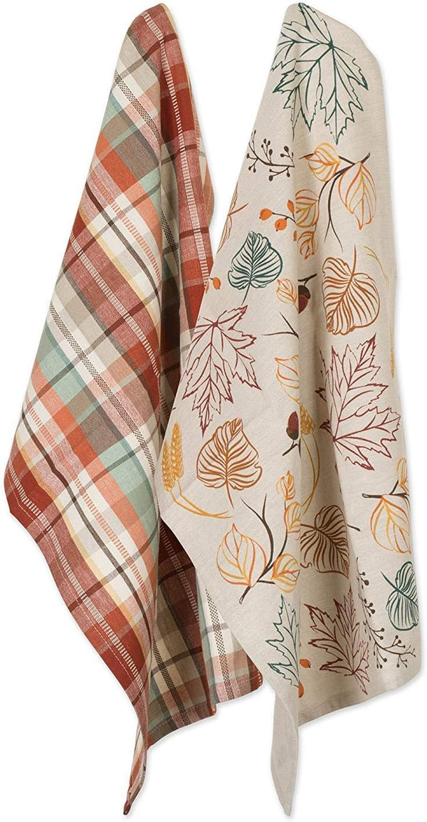 DII Fall Basics Kitchen Dishtowel Collection, 2 Count, Printed & Plaid Fall Dish Towel Set, 18x28, Autumn Leaves