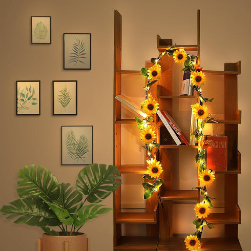7.2ft GOESWELL Artificial Sunflower Garland with String Light: Fake SilkFlowers Vines with Green Leaves and Remote