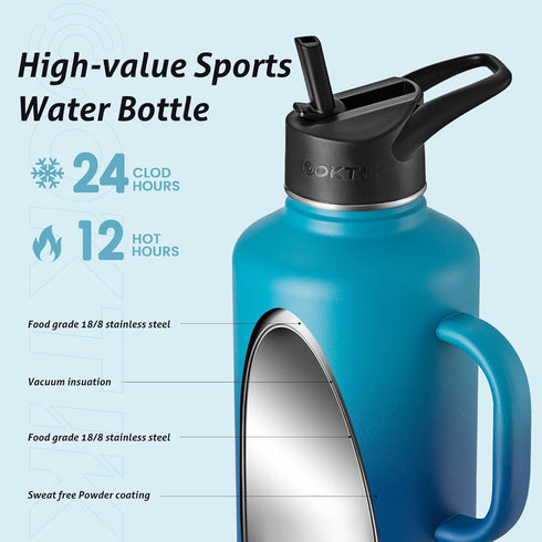 COKTIK 64 oz Insulated Water Bottle Jug with Straw and Handle, Double Walled Stainless Steel Flask, 3 Reusable Lids