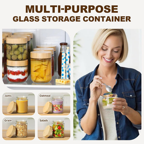 qiaomifeng 2 Pack 16oz Glass Jars with Bamboo Lids, Overnight Oats Containers with Airtight Lids, Storage Containers