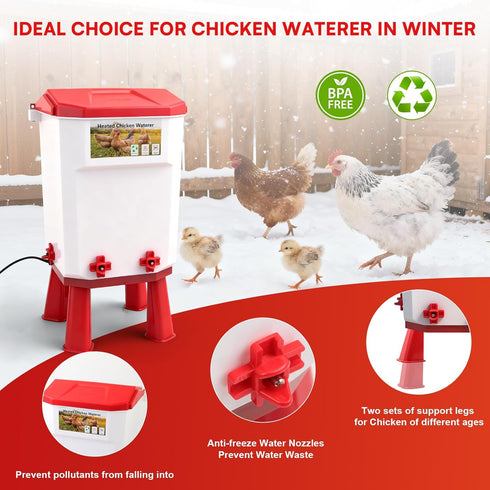 3 Control,Red,12.5 8.3 inch 8.3 Gallon Heated Chicken Waterer for Winter Automatic Chicken Water Heater,Adsjustable