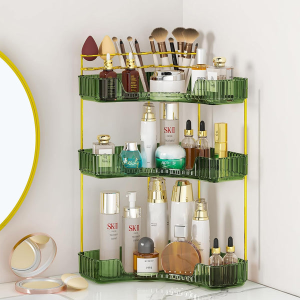 SUNZOS 3-Tier Corner Bathroom Counter Organizer, Bathroom Organizer Countertop with Makeup Brush