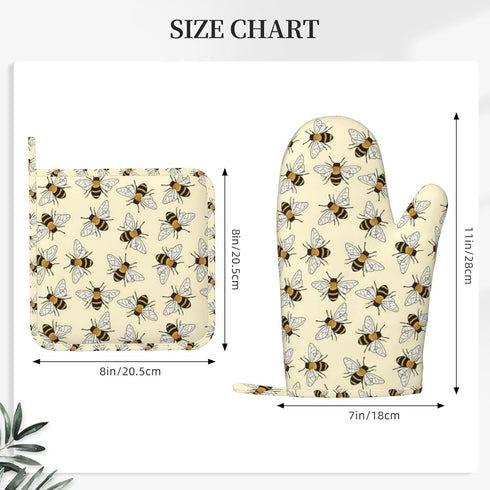 Happy Busy Bees Kitchen Mitts and Pot Holders Set, 4Pcs Silicone Bees Oven Gloves, Heat Resistant Potholders for Baking