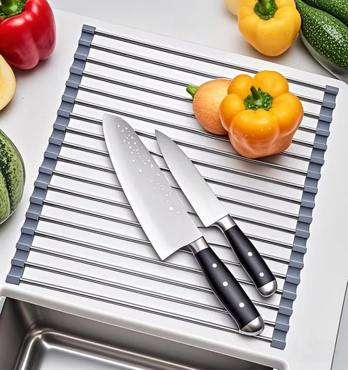 Roll Up Dish Drying Rack, Stainless Steel and Silicone Over The Sink Foldable Drain Rack for Kitchen, 14.5” x 14”, Gray