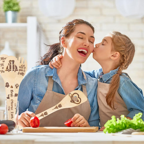 5Pcs Mother's Day Wooden Spoons Utensils Set, Non-Stick Bamboo Cooking Gadget for Mother's Day Gift