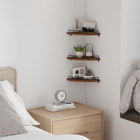 Set 3 HORLIMER Floating Corner Shelf Wall Mount, of Rustic Wood Corner Wall Shelves with Fence for Bedroom, Living