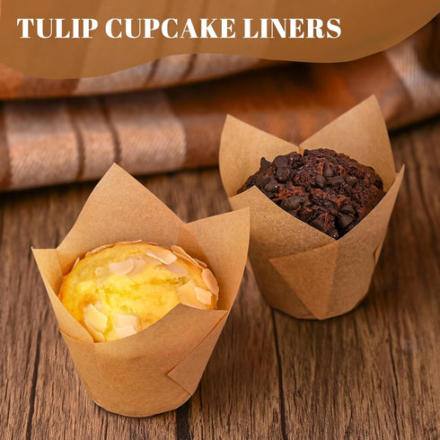 120 Counts Natural Tulip Cupcake Liners for Baking, Food Grade Parchment Paper Muffin Holders, Greaseproof
