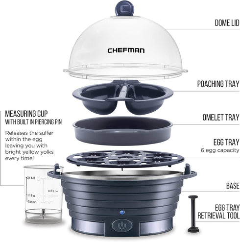 Chefman Electric Egg Cooker Boiler, Rapid Poacher, Makes Up To 6 Hard, Medium or Soft Boiled Eggs, BPA-Free
