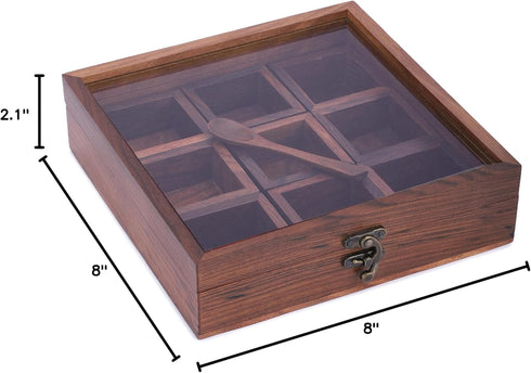 8x8 Inch 9 Ajuny Wooden Spice Box - Decorative Masala Dabba Organizer with Glass Lid, Fixed Compartments & Spoon, Spice