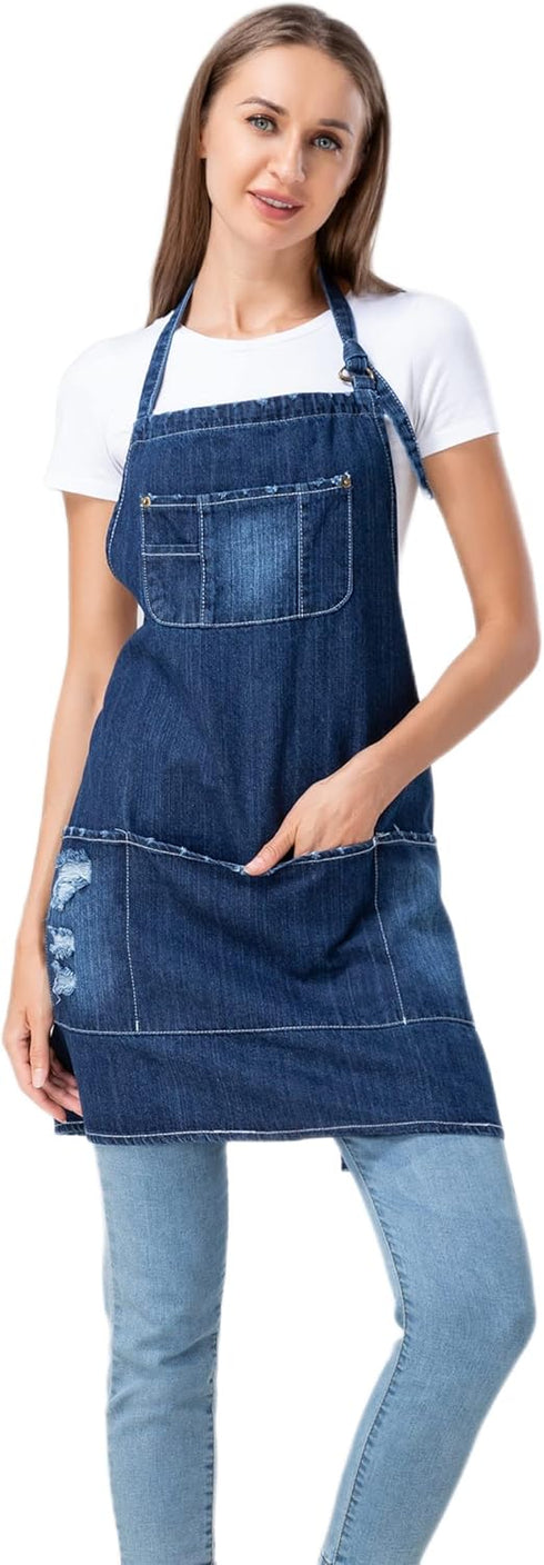 Denim Apron with 5 Pockets for Kitchens, Adjustable Bib Jean Apron for Work