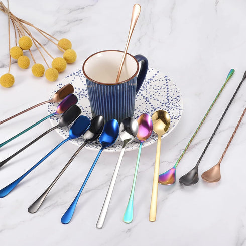 uxcell Long Handle Spoon Set of 4, 7.5-Inch Stainless Steel Ice Cream Cocktail Coffee Spoons for Mixing, Beverage (Blue)