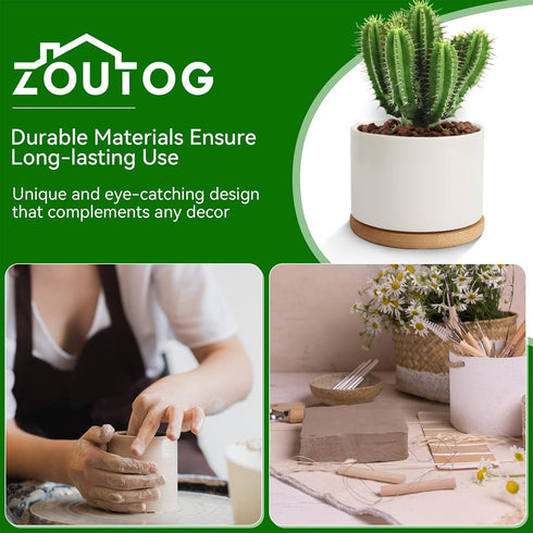 ZOUTOG Mini Succulent Pots, White 3.15 inch Ceramic Flower Planter Pot with Bamboo Tray, Pack of 6 - Plants Not Included