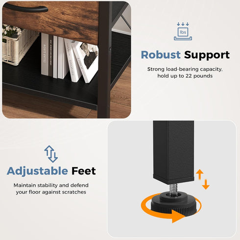 OLIXIS Nightstand with Charging Station, Bedside Tables with USB Ports and Fabric Drawer, Small Night Stand with Open