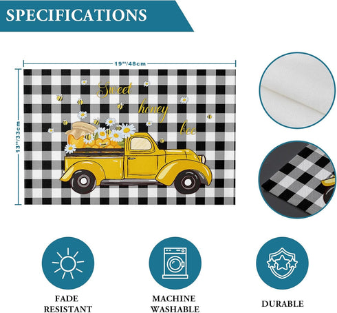 Sweet Honey Bee Placemats Set of 6, Washable Heat-Proof Table Mats for Kitchen Dinner Banquet, Summer Bee Yellow Truck