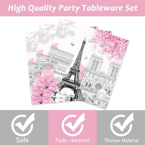 Paris Eiffel Tower Plates and Napkins - Parisian Party Disposable Paper Tableware Bundle for 24 Guests