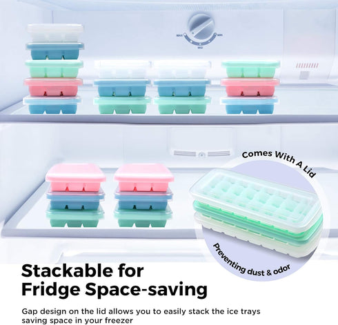 Soft Silicone Ice Cube Tray with PP Lid, Flexible Ice Cube Trays for Freezer (24 Cubes, Blue)