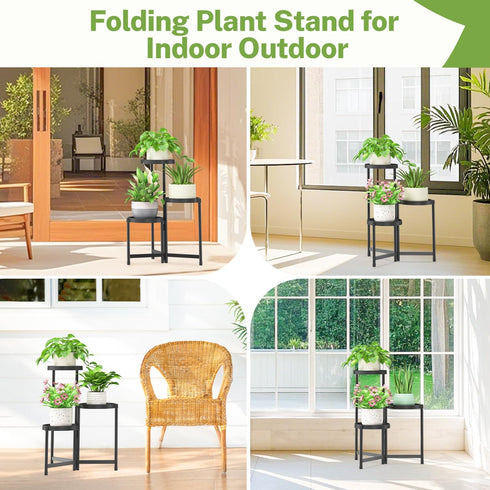 3 iDavosic.ly Tier Folding Plant Stand Indoor Outdoor with Plastic Tray, Tiered Corner Flower Holder Shelf, Metal