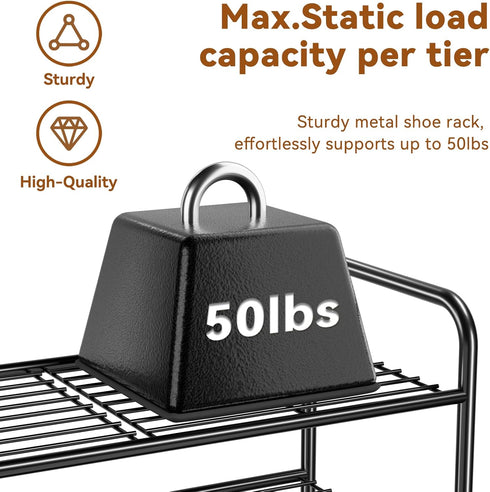 Closet, 3 Shoe Rack Tier Stackable Metal Shoe Shelf Organizer for Entryway, Stackable Heavy Duty & Adjustable, Black