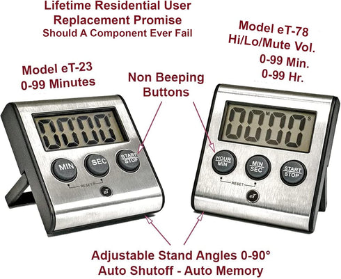 Elegant eTradewinds Digital Kitchen Timer, Stainless Steel Model eT-78, Displays 0-99 Min. or 0-99 Hr., Auto Shut Off