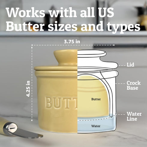 Counter, PriorityChef Butter Crock with Lid with Water Line, Ceramic French Butter Dish to Leave On Khaki
